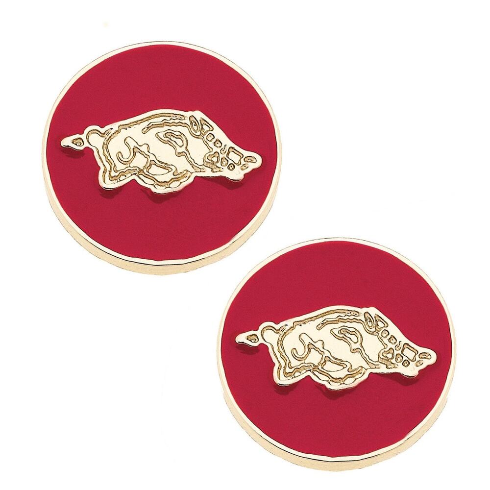 Arkansas Razorbacks Circle Stud Earrings Gold Tone Cardinal